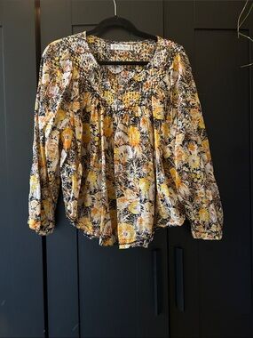 Free People Yellow and Black Floral Smocked Peasant Blouse
